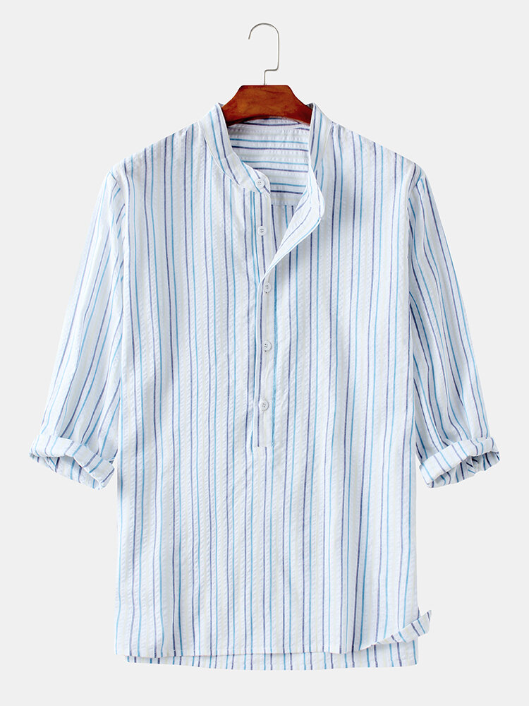 Men 100% Cotton Stripe Printed 3/4 Sleeves Holiday Leisure Henry Shirt