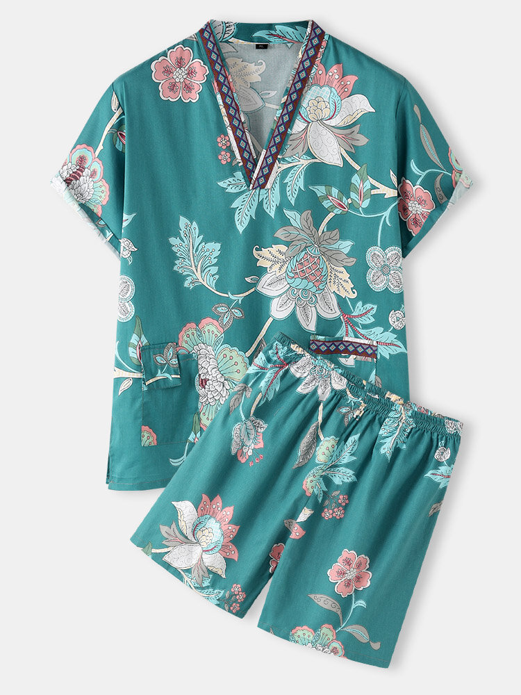 Mens Floral Print Cotton V-Neck Sauna Clothes Comfy Home Casual Pajamas Sets