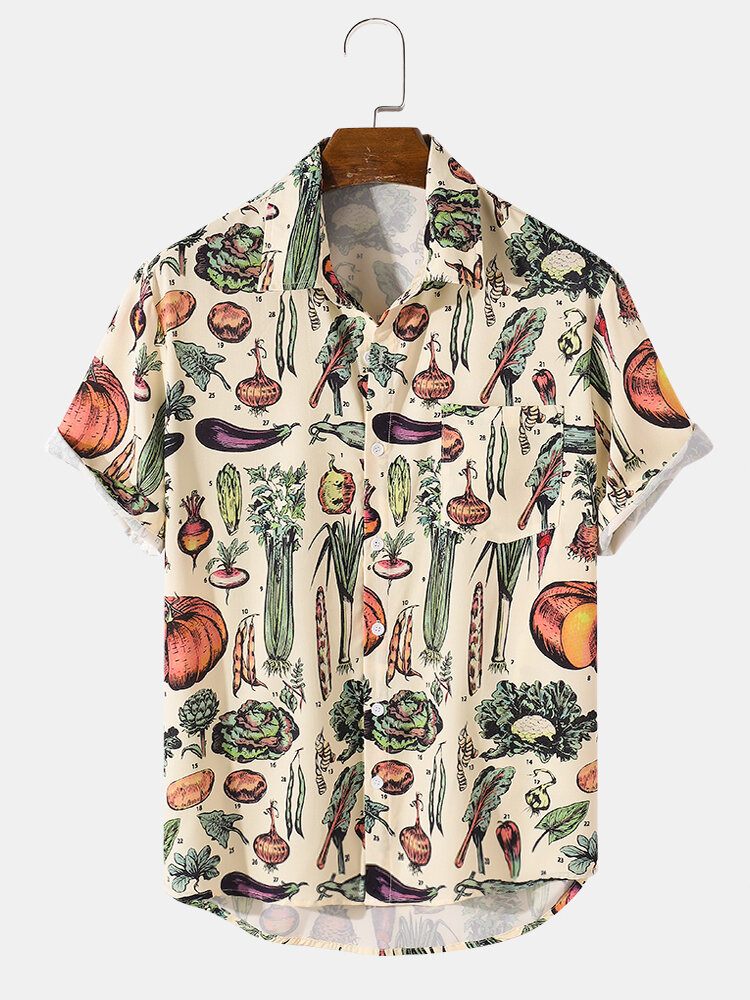 

Mens All Over Vegetable Types Print Button Up Short Sleeve Shirts, Apricot