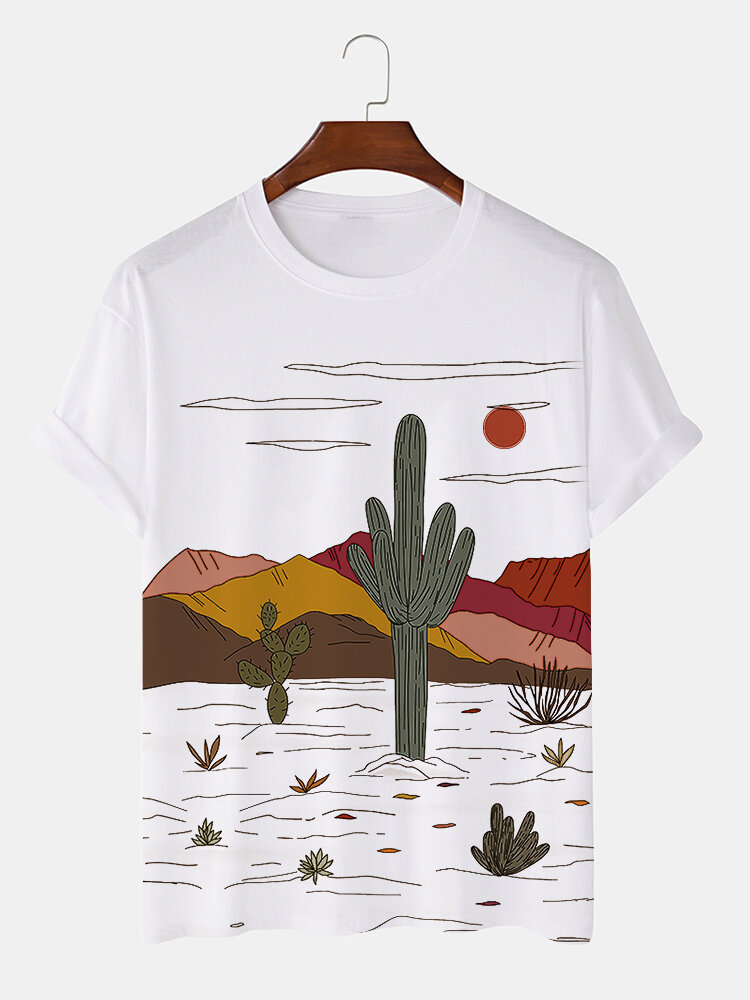 

Mens Cactus Desert Scenery Print Casual Short Sleeve T-Shirts, Khaki;white