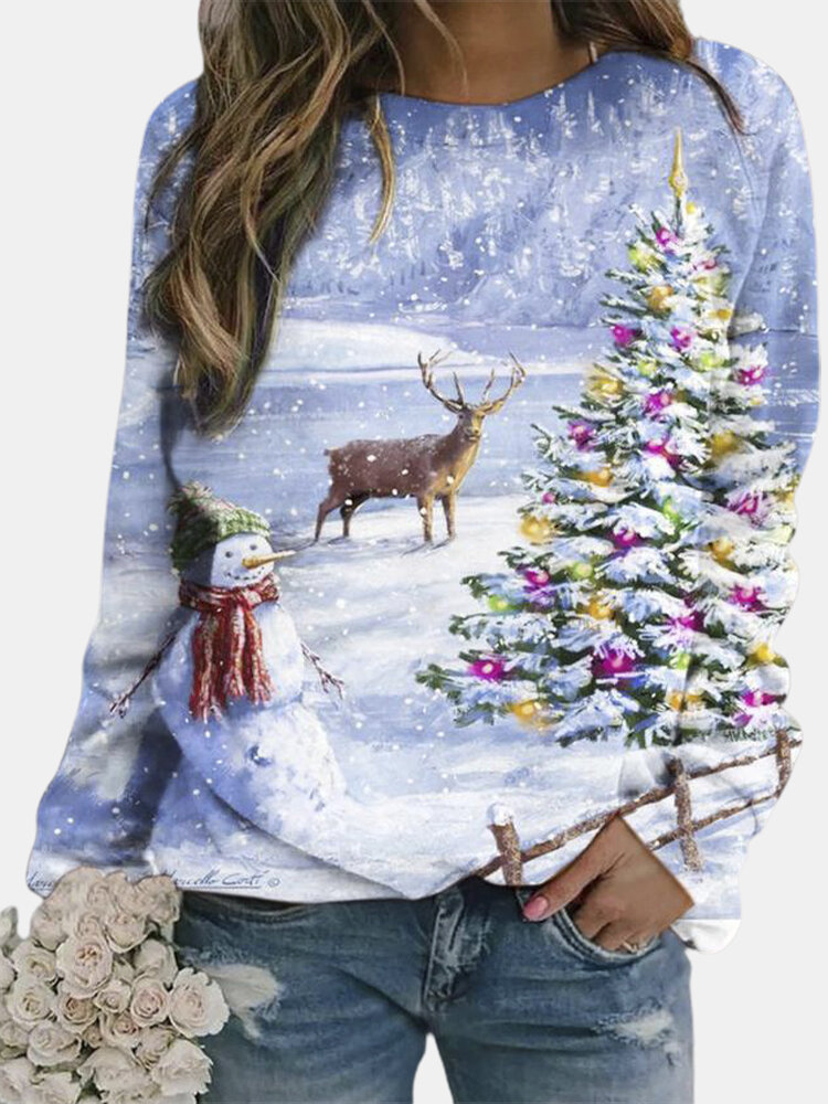 Landscape Prints Christmas Print Long Sleeves O-neck Sweatshirt For Women