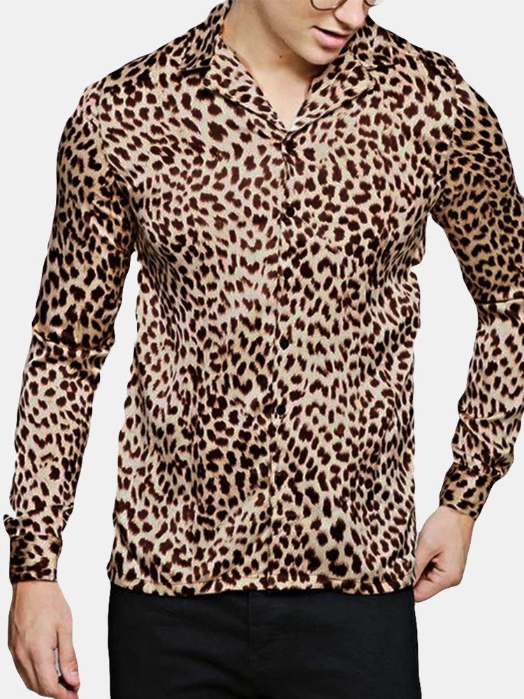 Men's Casual Leopard Printed Turn Down Collar Slim Fit Long Sleeve Shirt