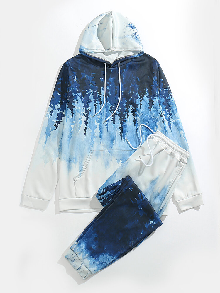 Mens Ombre Forest Printed Hoodie Loose Two Pieces Outfits With Sweatpants