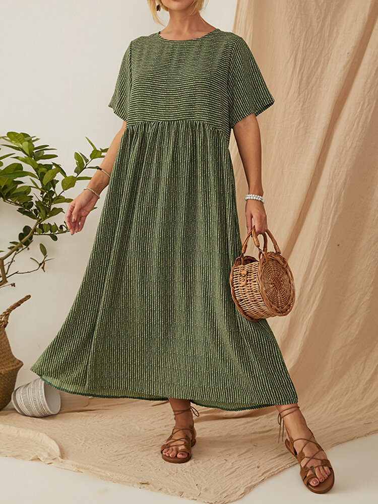 فستان بوهيمي مخطط بخصر مطاطي مقاس Plus