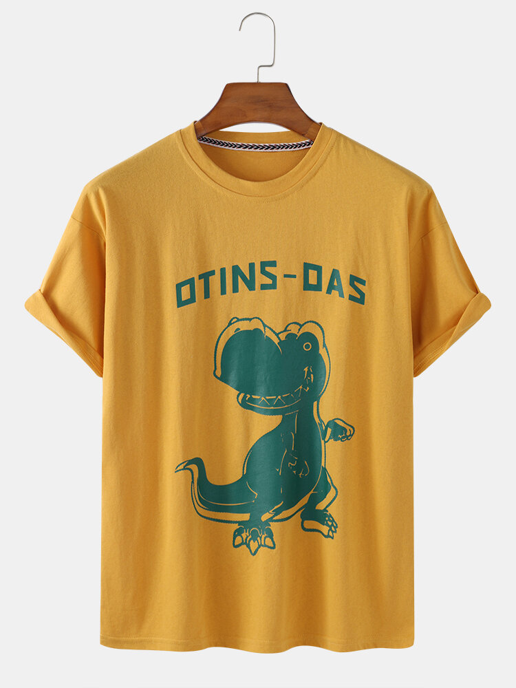 Mens Funny Cartoon Dinosaur Print Casual Breathable Round Neck T-Shirts