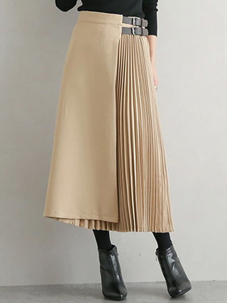 Solid Pleated Stitch Elegant Midi Skirt For Women