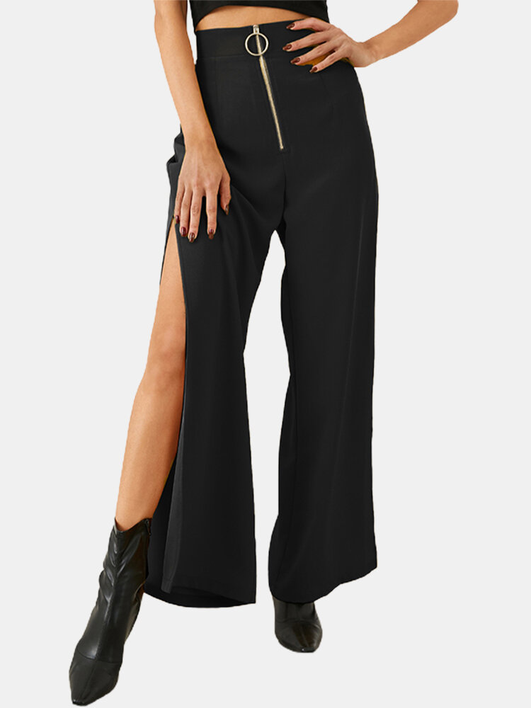 Solid Color Slit Zipper Long Casual Pants for Women