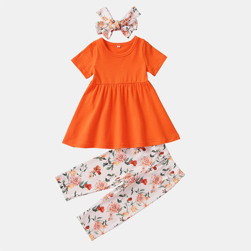 3Pcs Girl's Flower Short-sleeved Casual Orange Clothing Set For 1-5Y