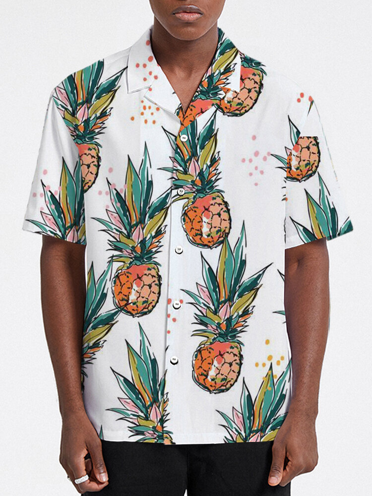

Mens Pineapple Print Revere Collar Short Sleeve Shirts, White