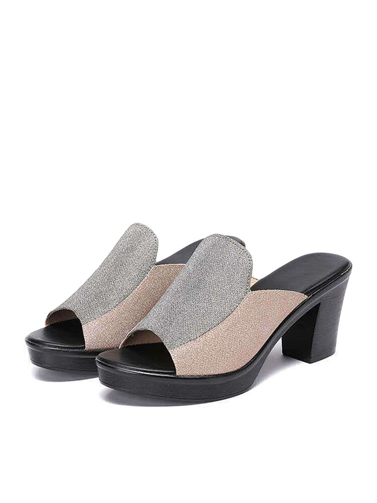 Women Casual Patchwork Chunky Heels Slippers