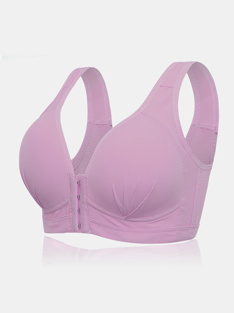 

Women Ribbed Wireless Front Closure Full Cup Lightly Lined Wide Straps T-Shirt Bra, Black;nude;pink;light purple;purple;red