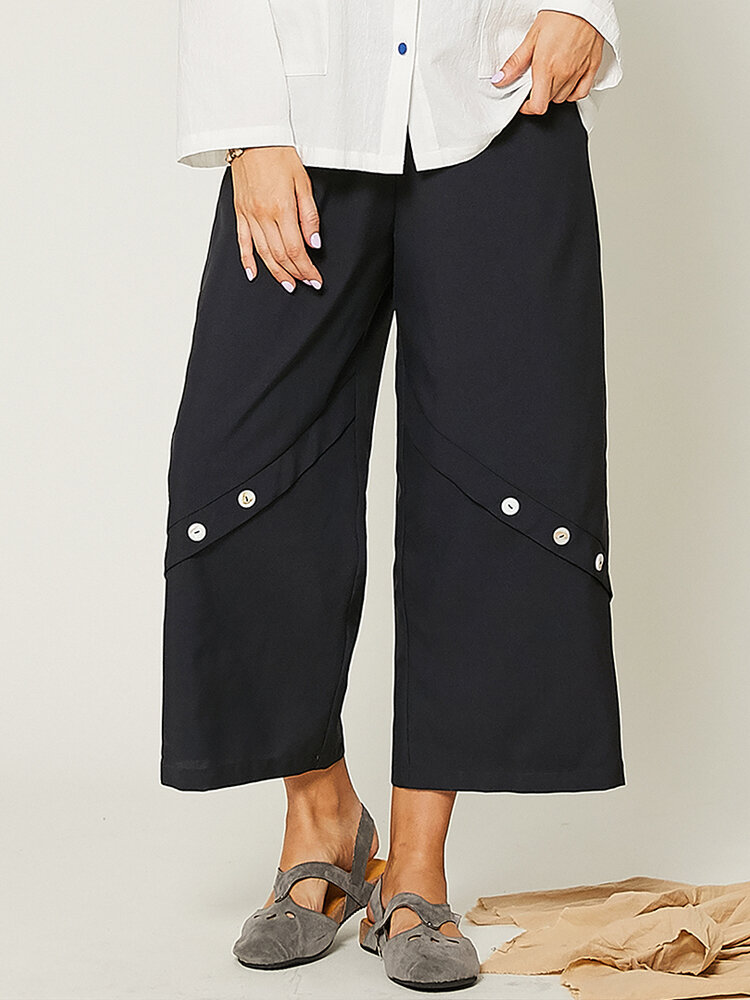 Solid Pocket Wide Leg Elastic Waist Cropped Pants