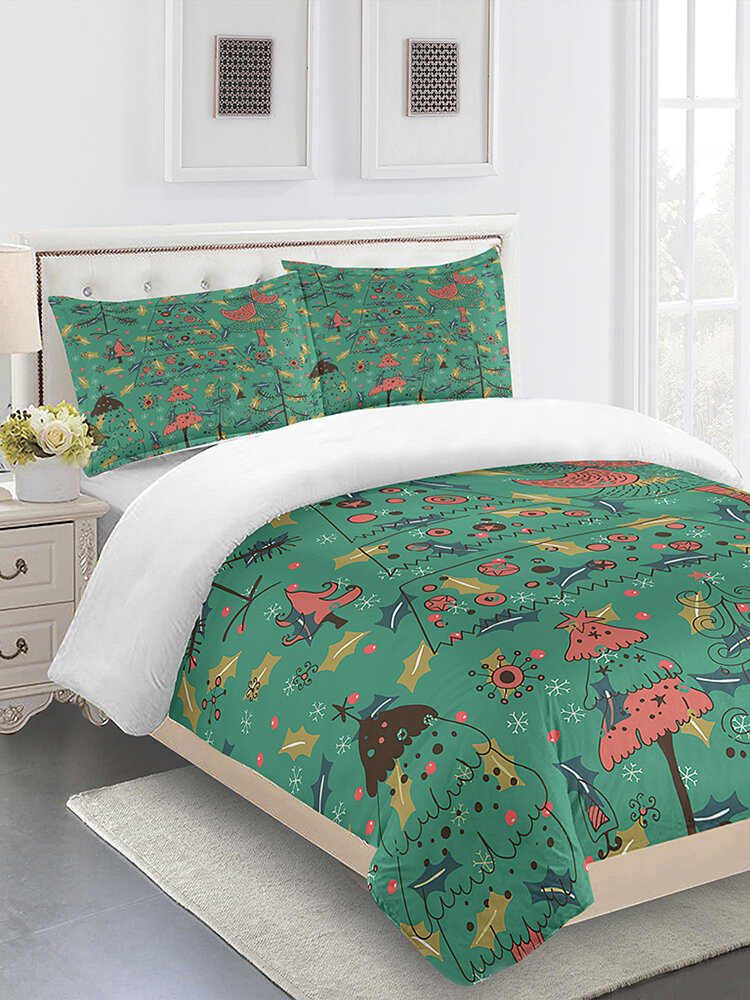 3PCs Polyester Fiber Festival Christmas Tree Greeny Decor Pattern Bedding Sets Quilt Cover Pillowcase