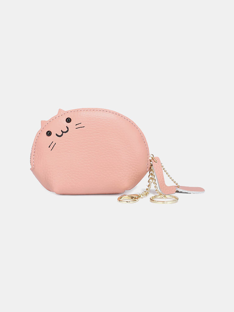 Women Genuine Leather Cute Animal Cat Pattern Mini Hanging Coin Bag Keychain Wallet Storage Bag