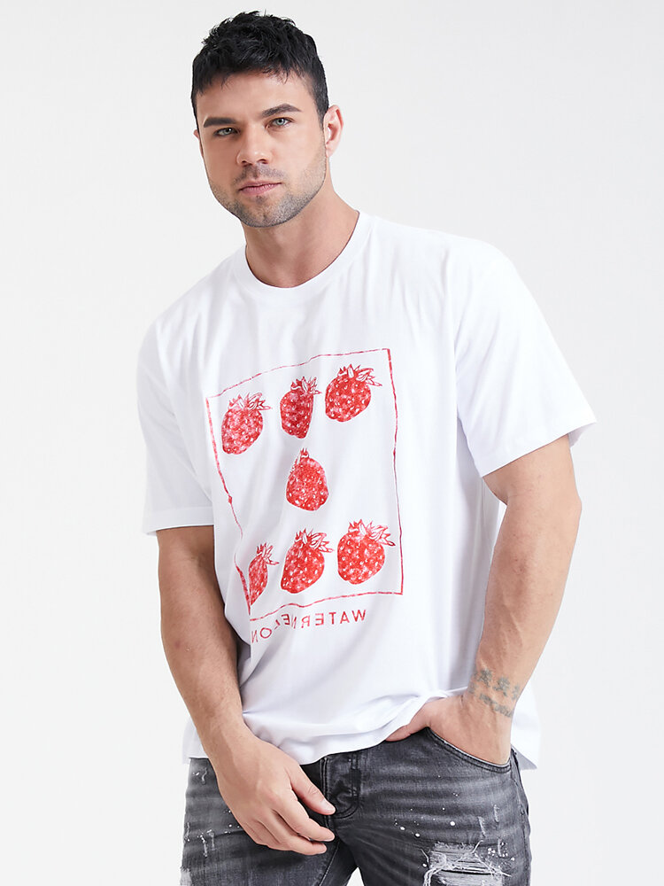 Plus Size Mens Hand-Painted Strawberry Print Fashion O-Neck T-Shirt
