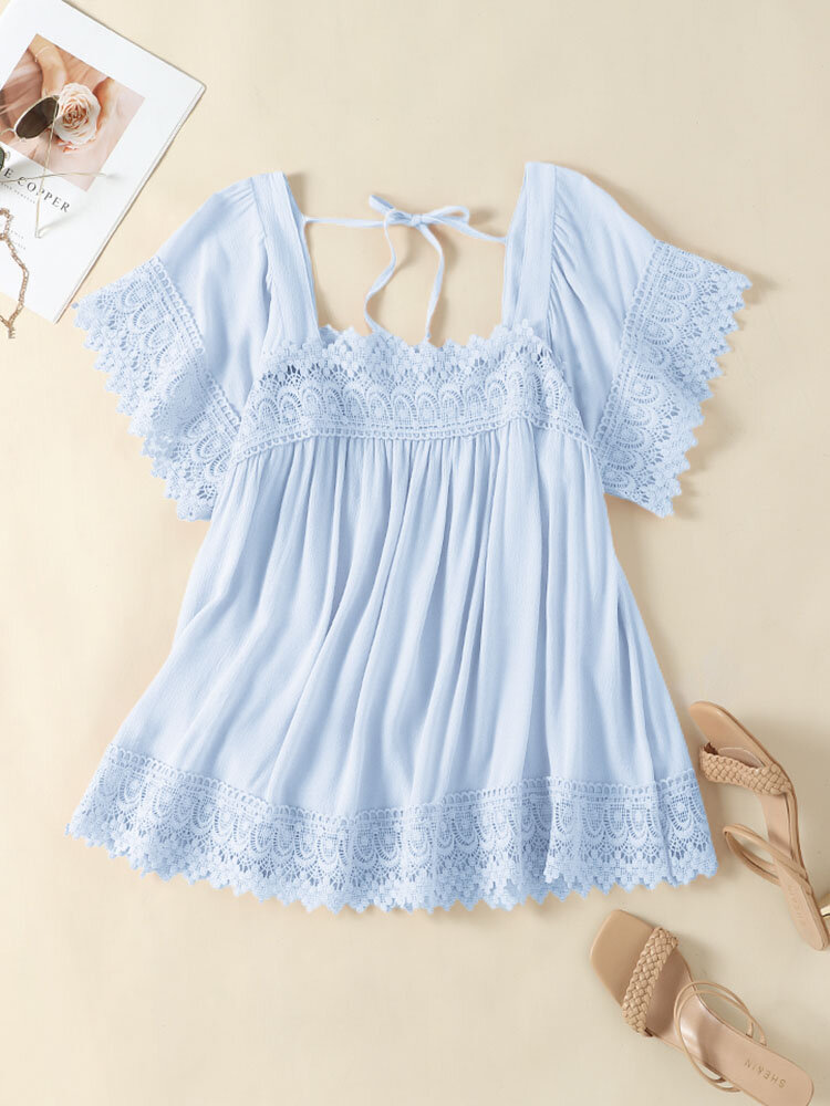 Guipure Lace Solid Square Collar Short Sleeve Blouse