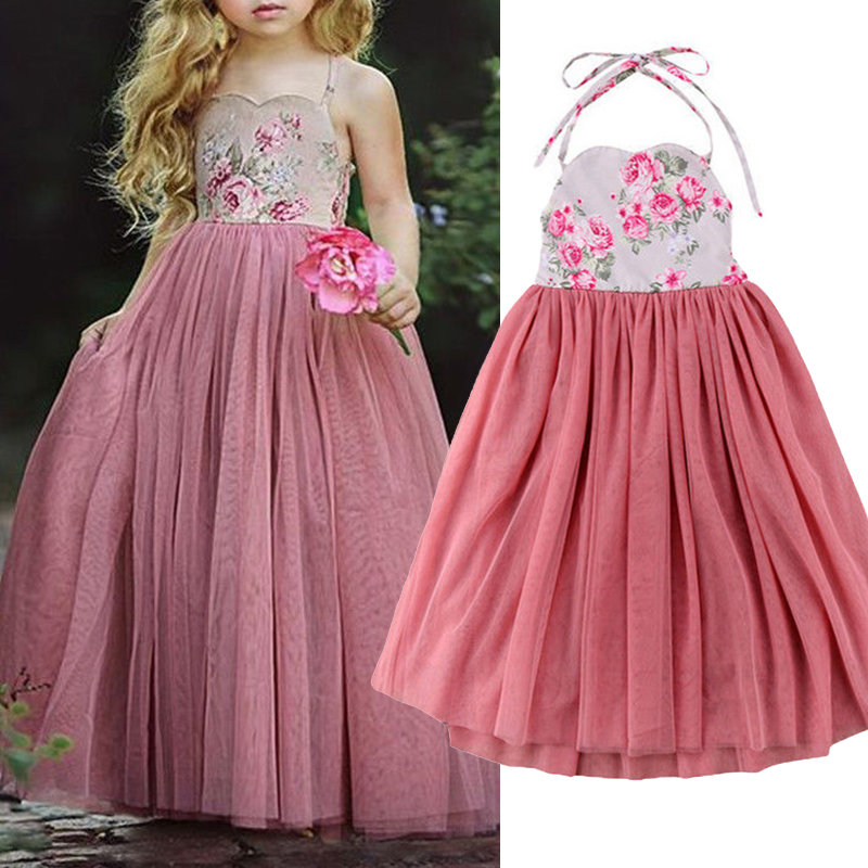 

Flower Girls Dresses Strap Patchwork Dress For 3-13 Years, Pink