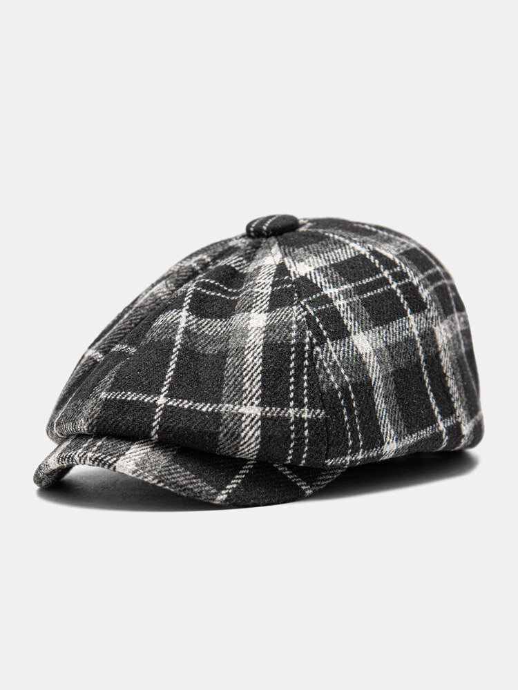 Men Woolen Cloth Cotton Color-match Lattice Vintage Casual Octagonal Hat Newsboy Hat Painter Hat Flat Cap