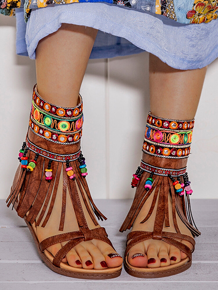 Embroidered Zipper Opened Toe Mid Claf Gladiator Sandals For Women
