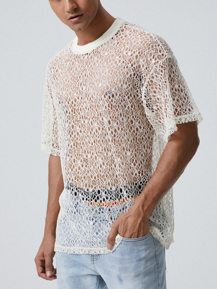 Mens Crochet See Through Short Sleeve O Neck T-Shirts
