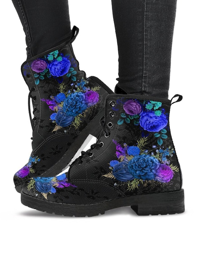 Large Size Casual Floral Print Lace-up Comfortable Combat Boots For Women
