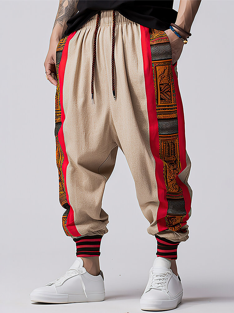 Pantalon ample à motif ethnique pour hommes, Patchwork contrasté, manchette rayée, hiver