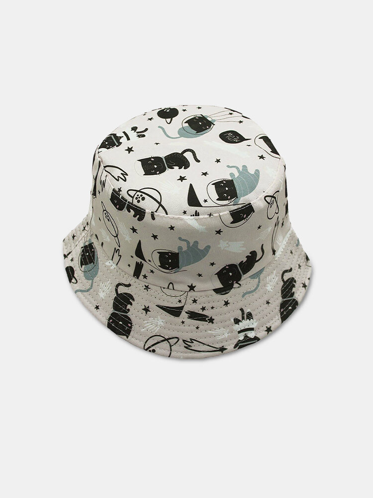 JASSY Unisex Cotton Polyester Cat Space Star Print Casual Sunscreen Foldable Outdoor Sun Hat Bucket Cap
