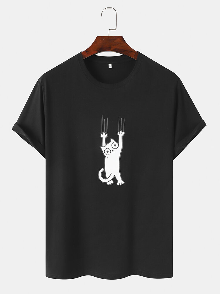 Mens Cartoon Cat Graphic Crew Neck Cotton Short Sleeve T-Shirts