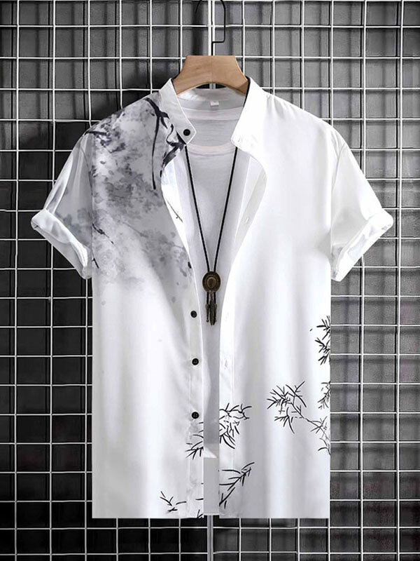 Mens Floral Bamboo Print Stand Collar Short Sleeve Shirt