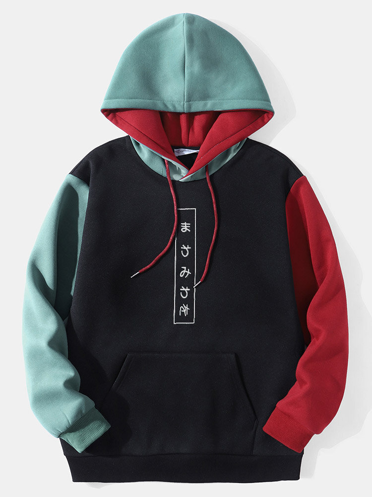 Mens Japanese Character Embroidered Colorblock Stitching Street Drawstring Hoodies