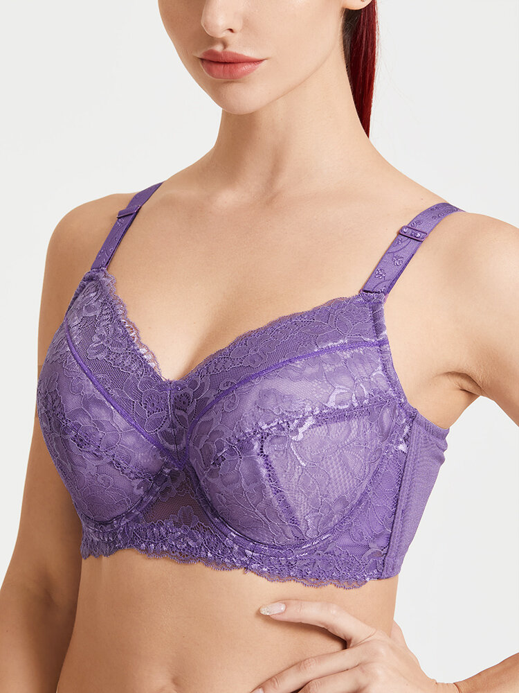 

Women Floral Lace Breathable Full Cup Lined Gather Cozy Bras, Red;nude;black;purple;navy