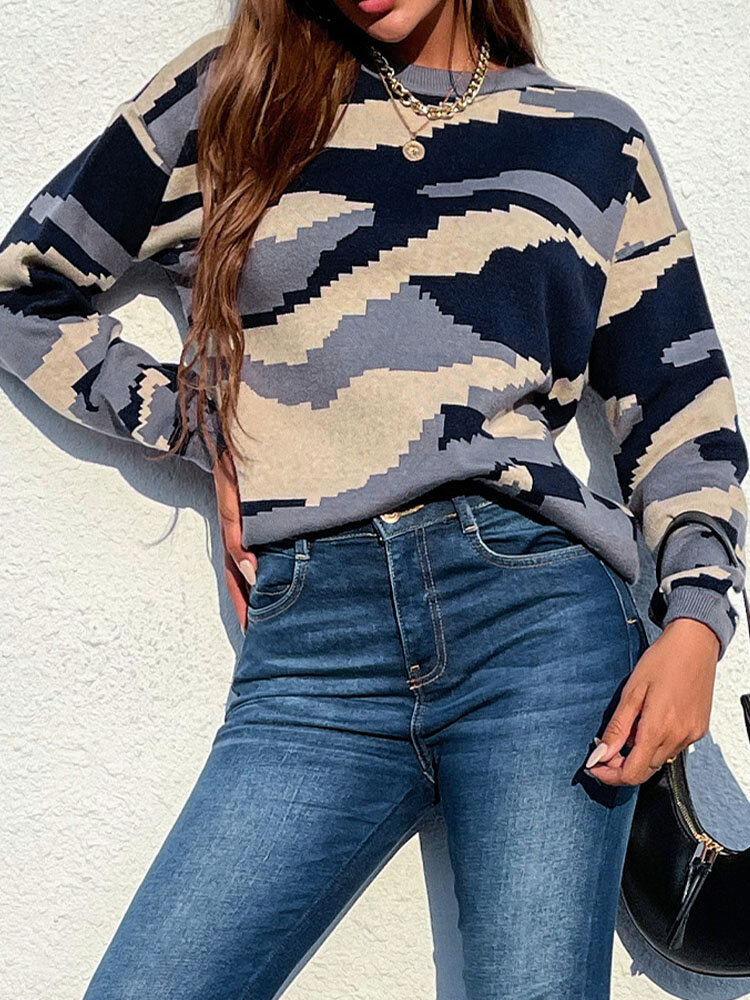 Camo Print Long Sleeve O-neck Sweater For Women
