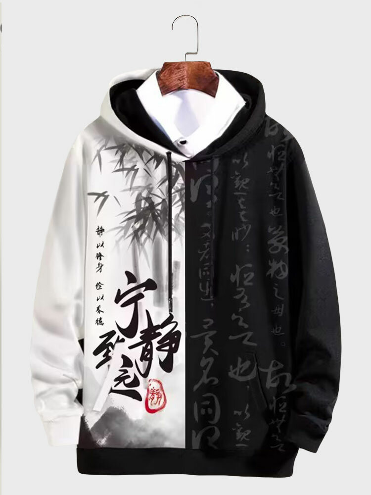 Mens Chinese Calligraphy Bamboo Print Patchwork Drawstring Hoodies Winter