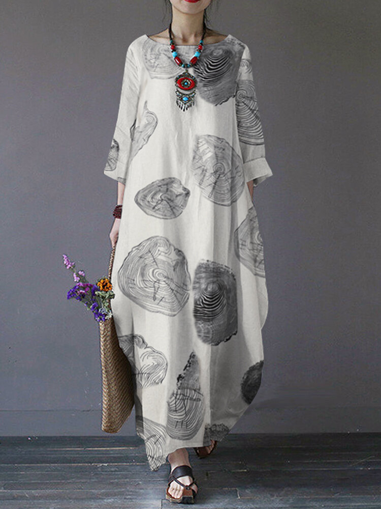 Bedruckte Seitentaschen O-Ausschnitt Baumwolle mit 3/4 Ärmeln Kleid