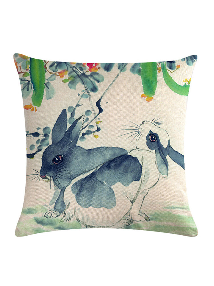 Chinese Watercolor Rabbit Printing Linen Cotton Throw Pillow Cover Home Sofa Office Seat Pillowcases