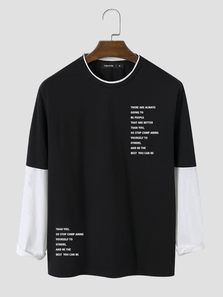 

Mens Letter Print Crew Neck Contrast Faux Twinset Long Sleeve T-Shirts, Black
