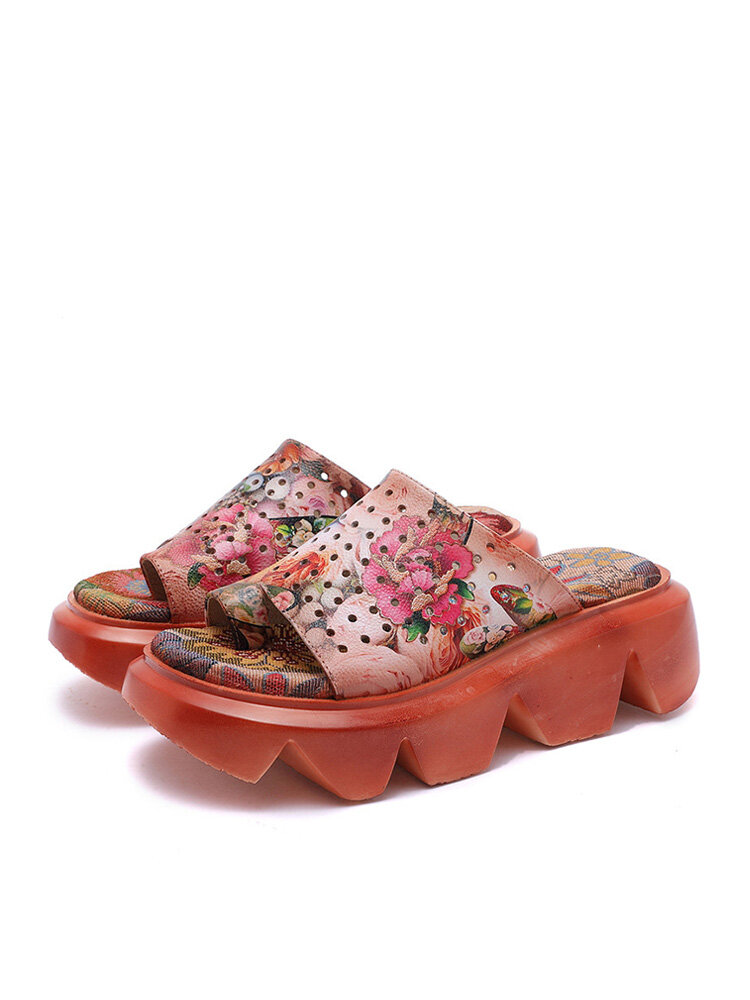 

SOCOFY Handmade Graceful Floral Print Cowhide Leather Hollow Out Slippers Toe Ring Platform Sandals, Orange