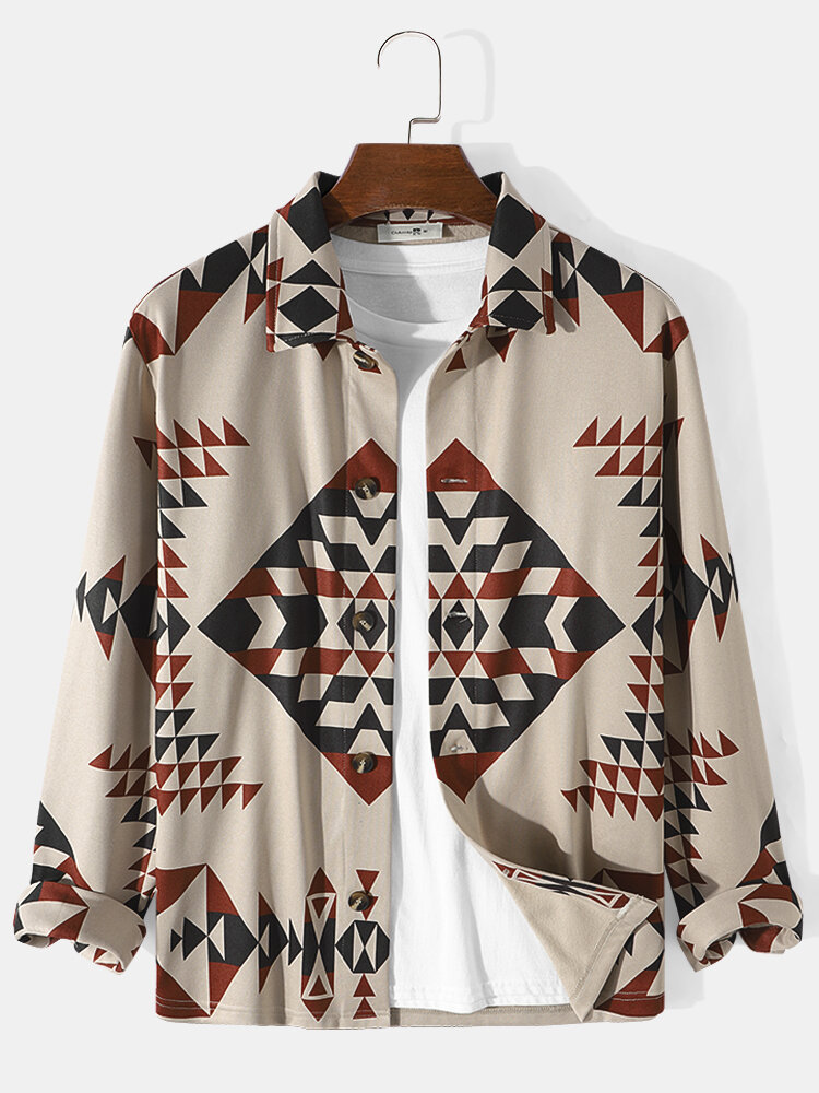 Mens Ethnic Argyle Printed Front Buttons Long Sleeve Jackets