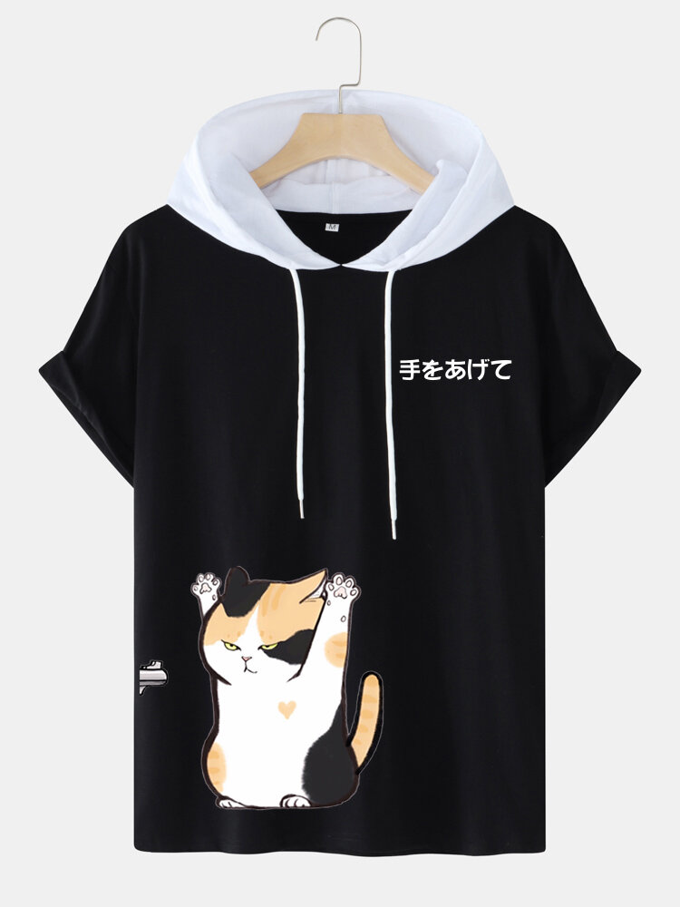 Mens Cute Cat Japanese Print Short Sleeve Contrast Hooded T-Shirts