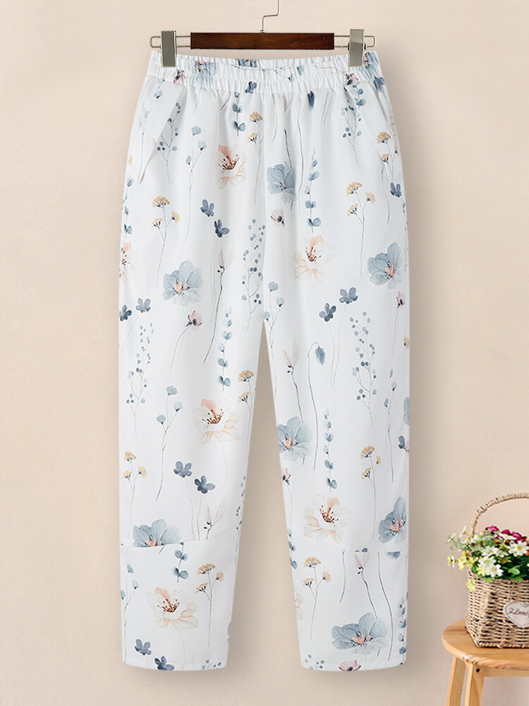 Damen-Hose mit Blumen- und Pflanzendruck, Urlaubshose mit elastischem Bund
