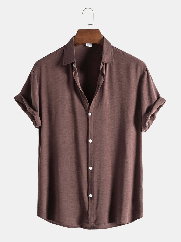 Mens Pure Color Lapel Button Up Cotton Basics Short Sleeve Shirts