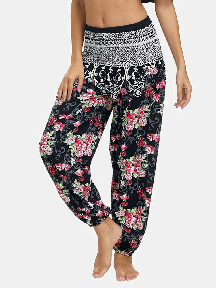 Bohemian Floral Print Sports Yoga Bloomers Pants with Pocket