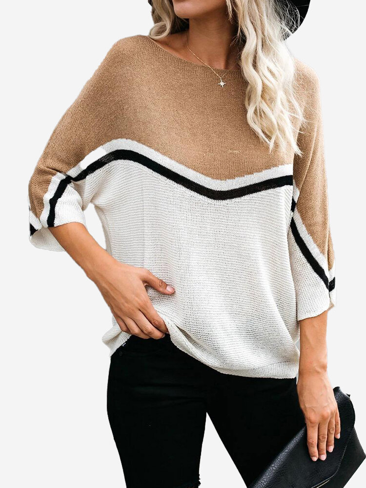 Stripe 3/4 Sleeve Contrast Color Casual Sweater For Women