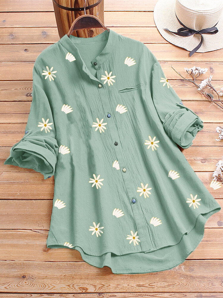 Daisy Print Colorful Button Plus Size Shirt