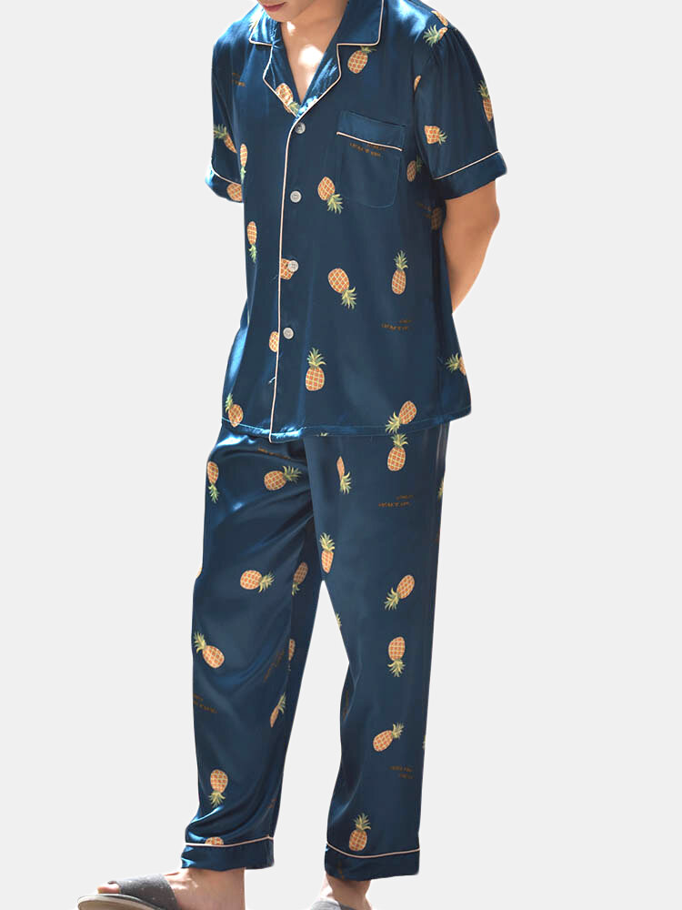 Men Funny Print Faux Silk Pajamas Set Button Dowm Short Sleeve Home Loungewear With Chest Pocket