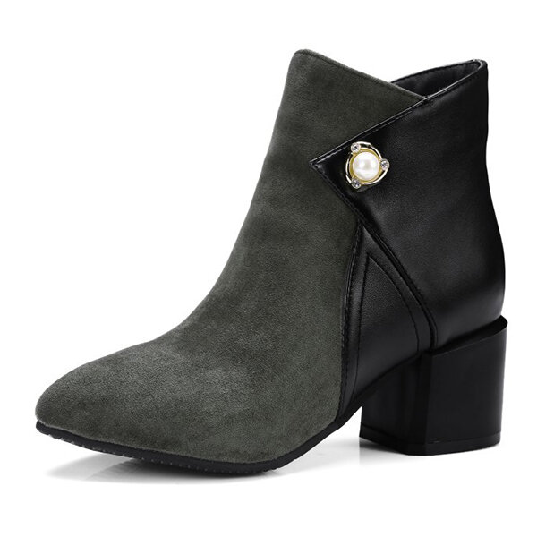 Suede Leather Pearl Detailed Chunky Heel Boots