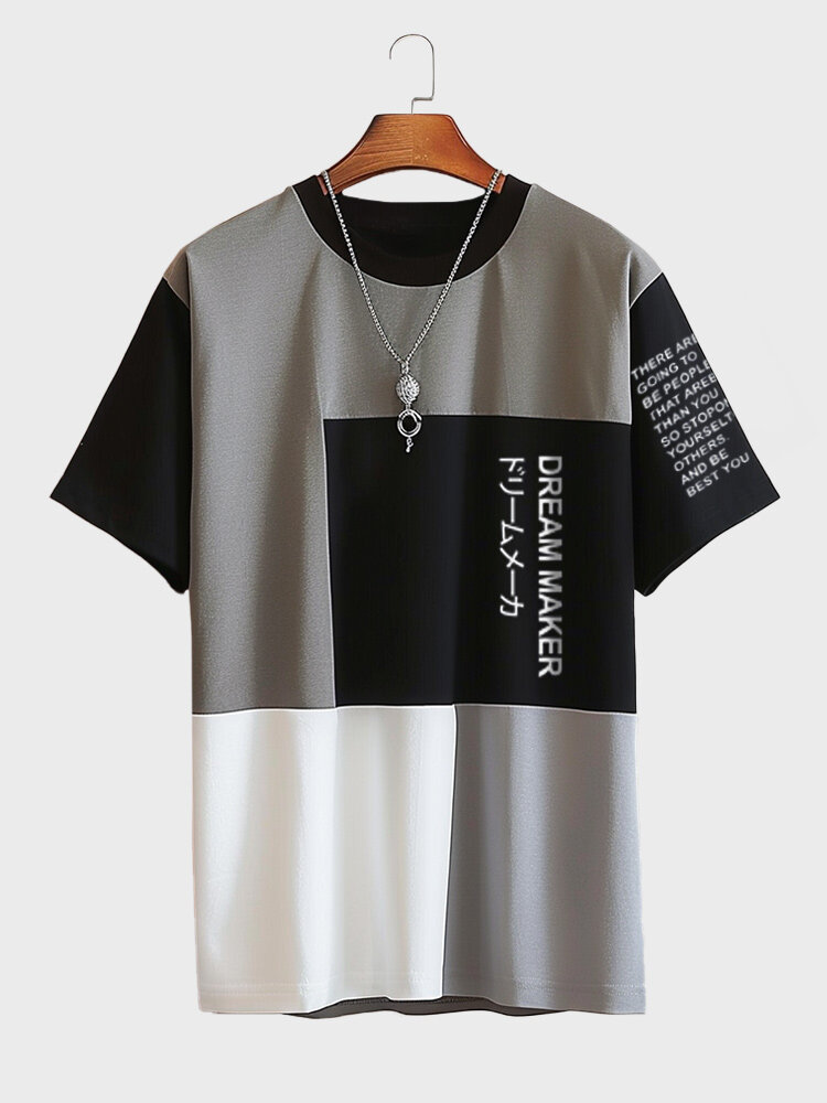 Kurzarm-T-Shirts mit Buchstabendruck und Farbblock-Patchwork für Herren