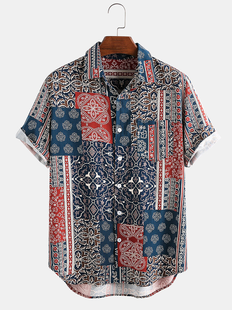 Mens Ethnic Patchwork Printed Short Sleeve Turn Down Collar Chest Pocket Shirt