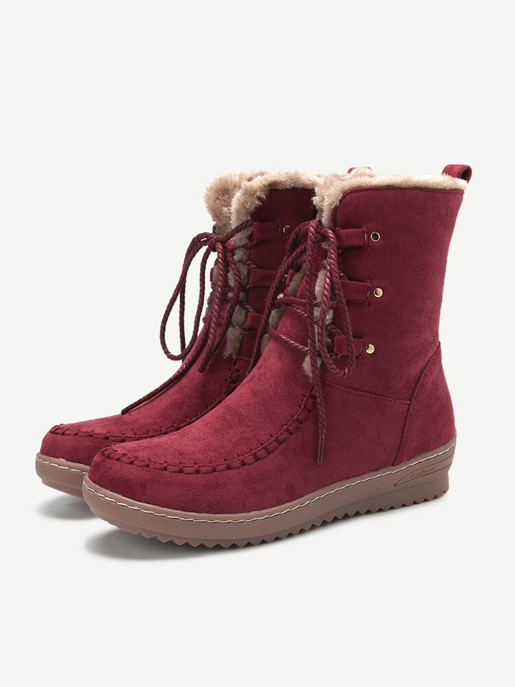 Women Winter Suede Plush Lined Stitching Side Zipper Lace Up Flat Short Boots