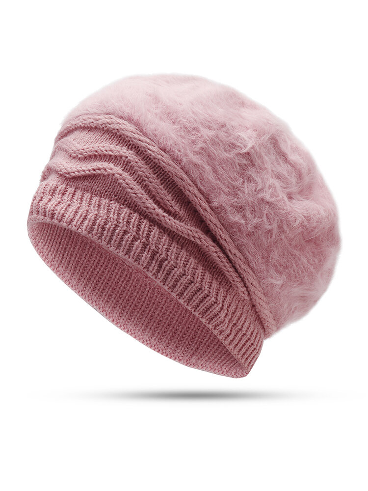 Women Extensible Rabbit Hair Blend Pure Color Thick Warm Knit Hat Outdoor Travel Snow Hat